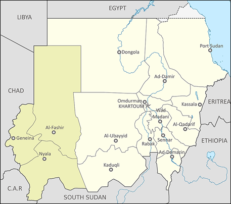 Darfurin alue Sudanissa. Kartta: commons.wikimedia.org By Sudan location map.svg: NordNordWestMap of Darfur-en.png CC BY-SA 3.0