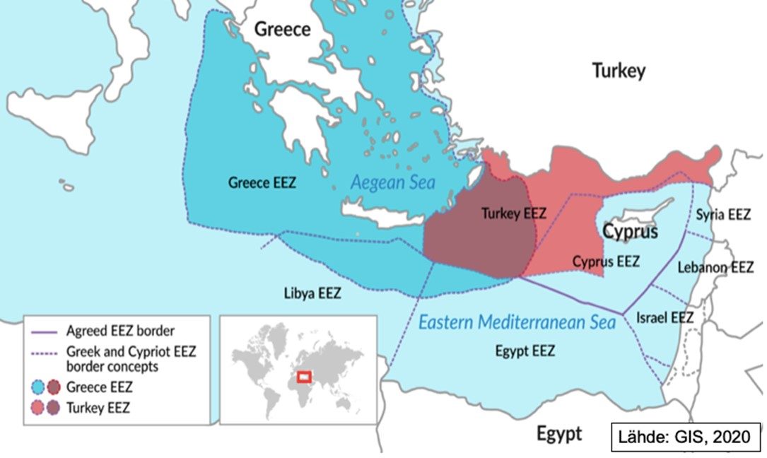 Turkin ja Kreikan talousvyöhykkeet (EEZ) ja kiistanalainen alue.